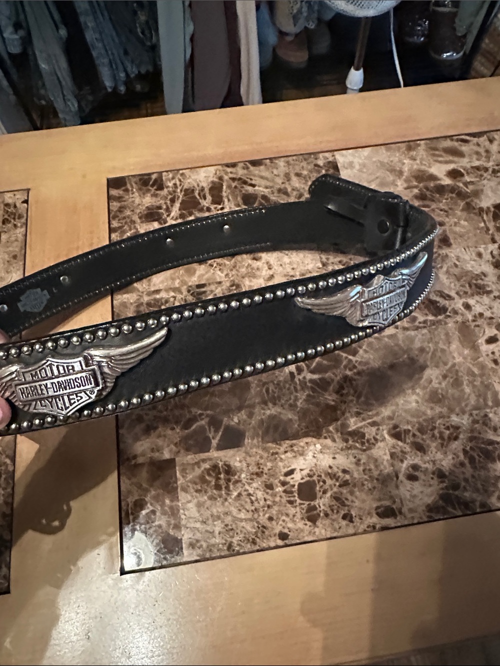 Harley-Davidson Black Leather Men's Studded Belt with Silver Emblems - Picture 2 of 7
